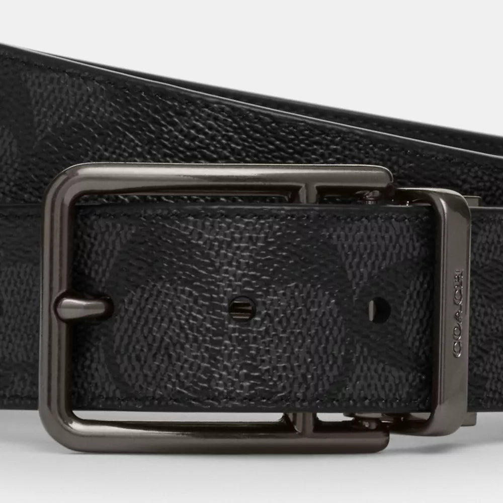 Double Bar Buckle Cut-To-Size Reversible Belt, 38MM - Signature Canvas/Gunmetal/Charcoal/Black