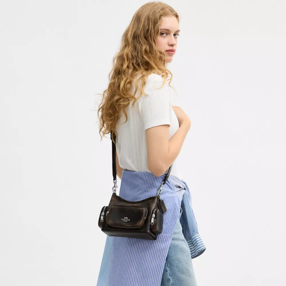 Laurel Shoulder Bag 22 With Pockets In Loved Leather - Silver/Black Brown
