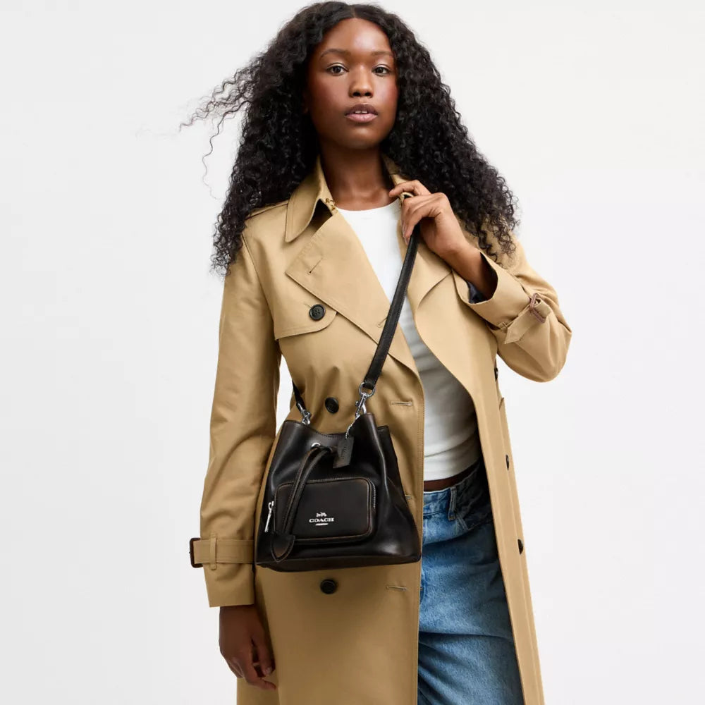 Rowan Bucket Bag With Pocket In Loved Leather - Silver/Black Brown