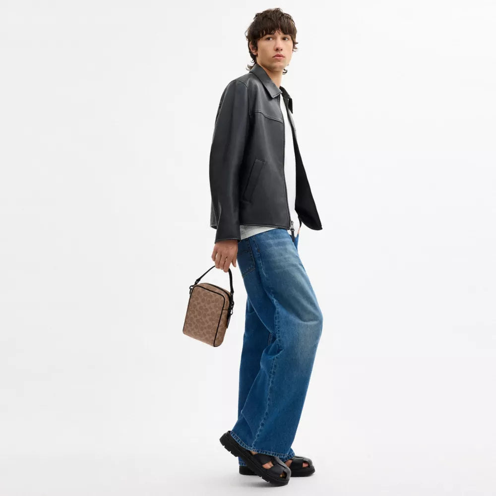 Tristan Crossbody Bag 14 In Signature Canvas - Signature Canvas/Matte Black/Tan Black