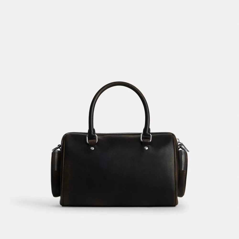 Rowan Satchel Bag With Pockets In Loved Leather - Silver/Black Brown