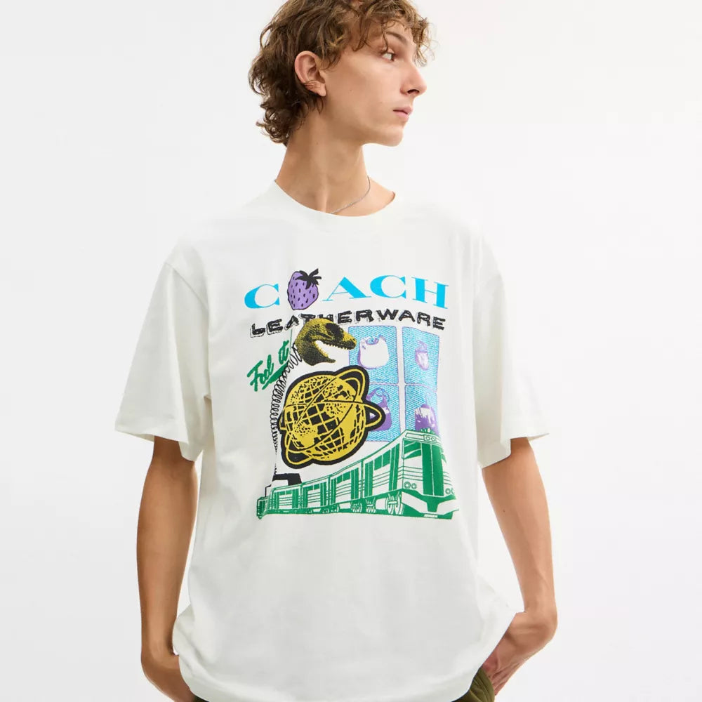 Collage Train Relaxed T-Shirt In Organic Cotton - Vintage Ivory
