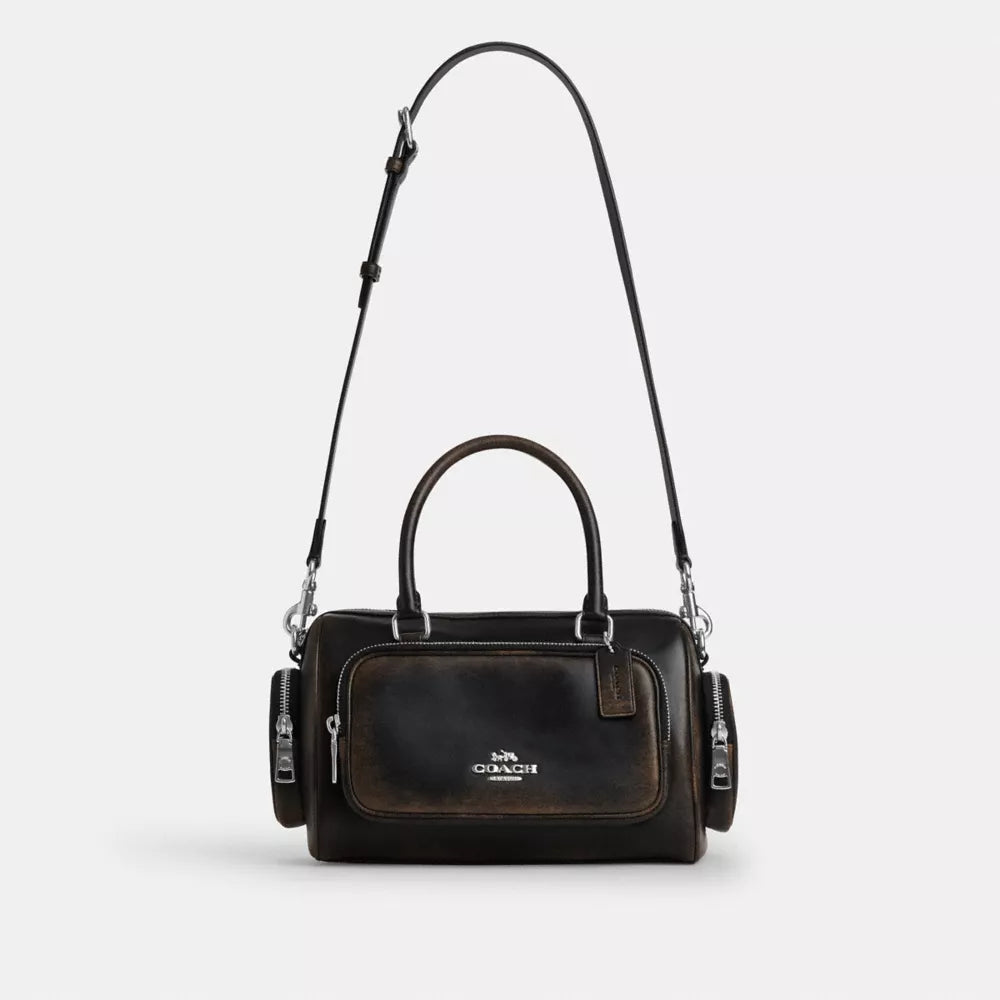 Rowan Satchel Bag With Pockets In Loved Leather - Silver/Black Brown