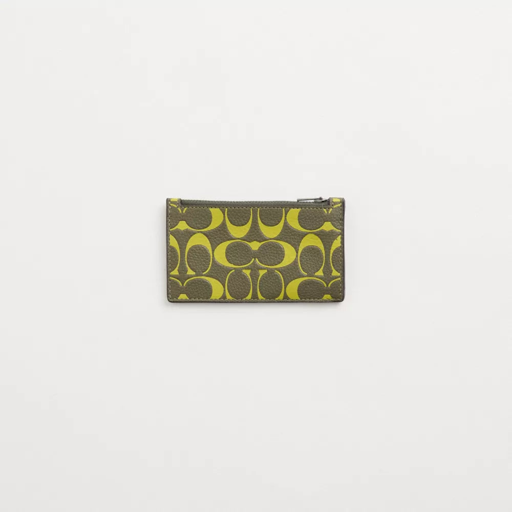 Restored Zip Card Case In Signature Leather - Army Green/Key Lime