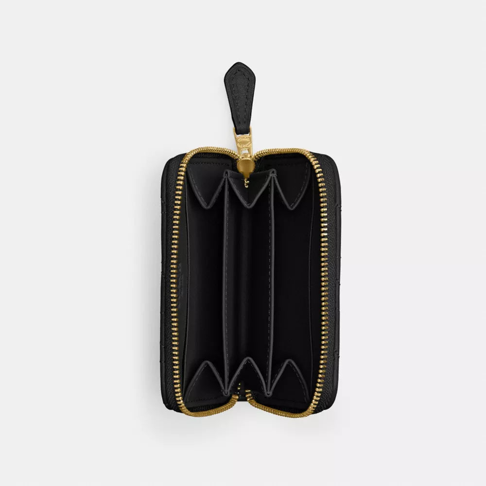 Essential Small Zip Around Card Case With Pillow Quilting - Smooth Leather/Brass/Black