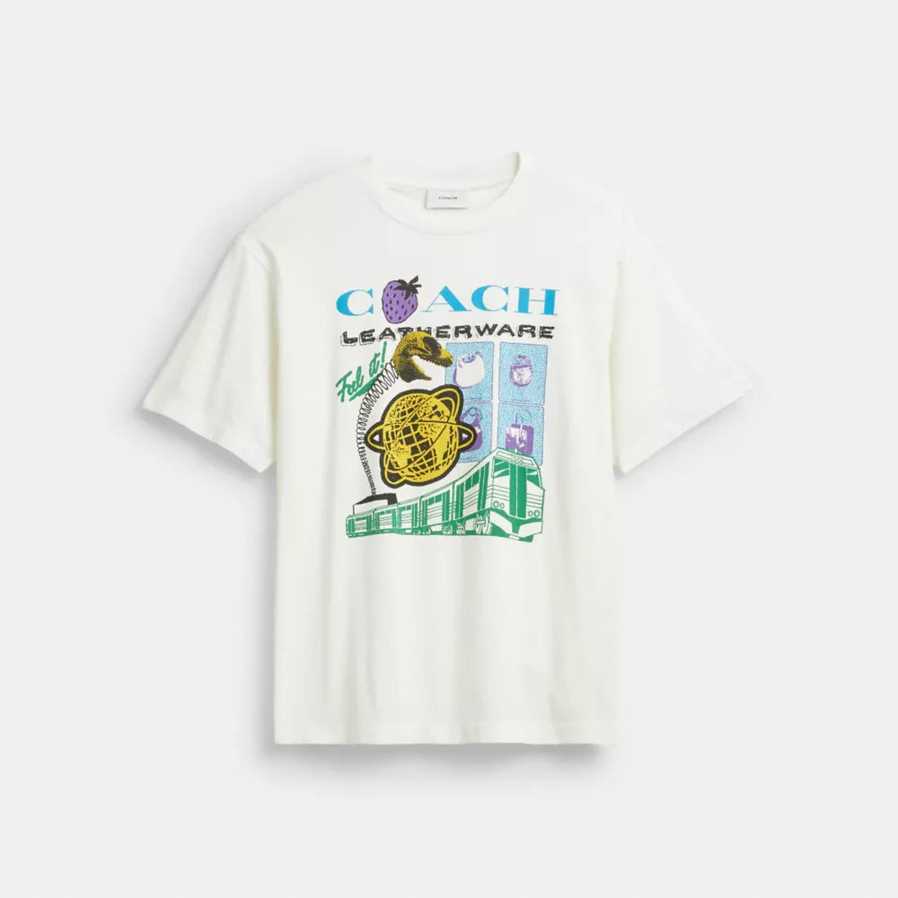 Collage Train Relaxed T-Shirt In Organic Cotton - Vintage Ivory