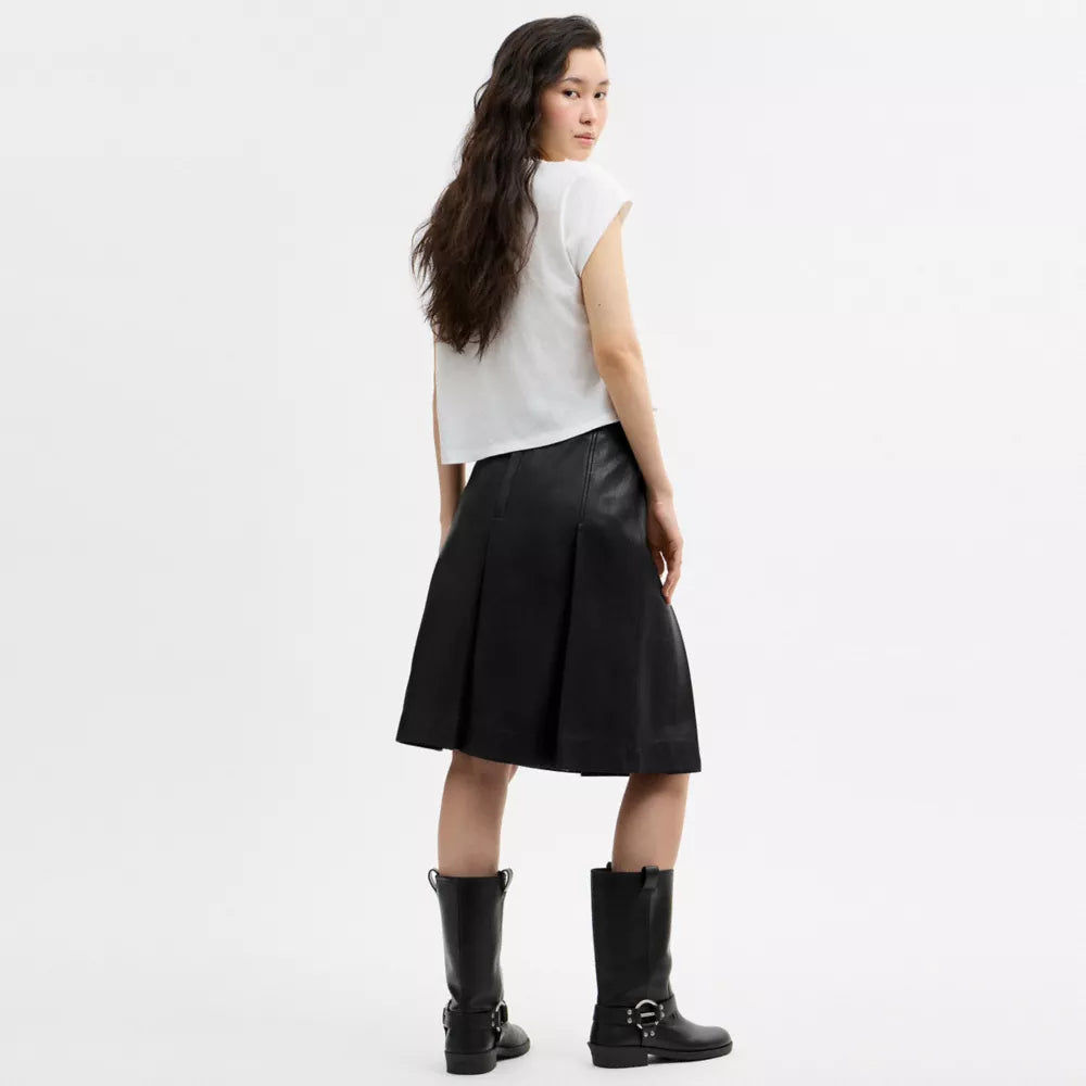 Pleated Leather Midi Skirt - Black