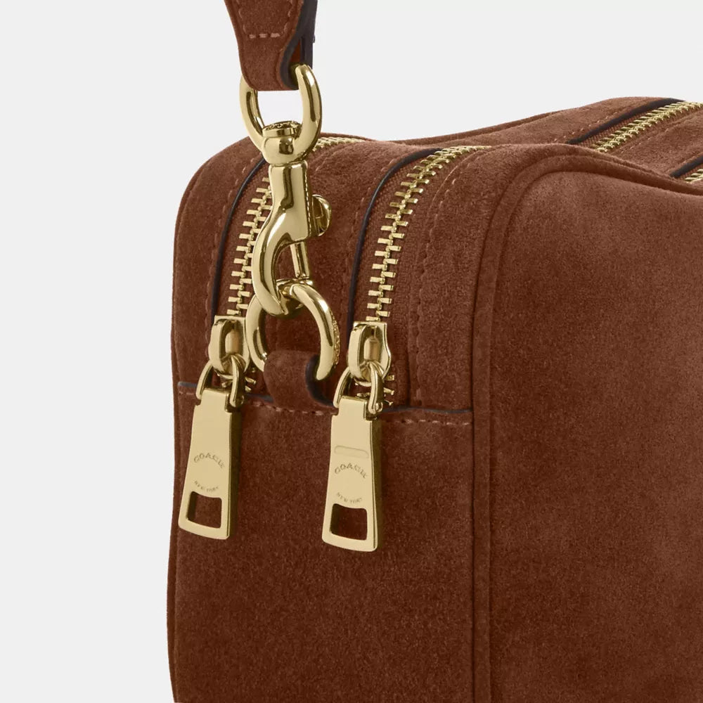 Mini Carey Crossbody Bag - Suede/Gold/Warm Brown