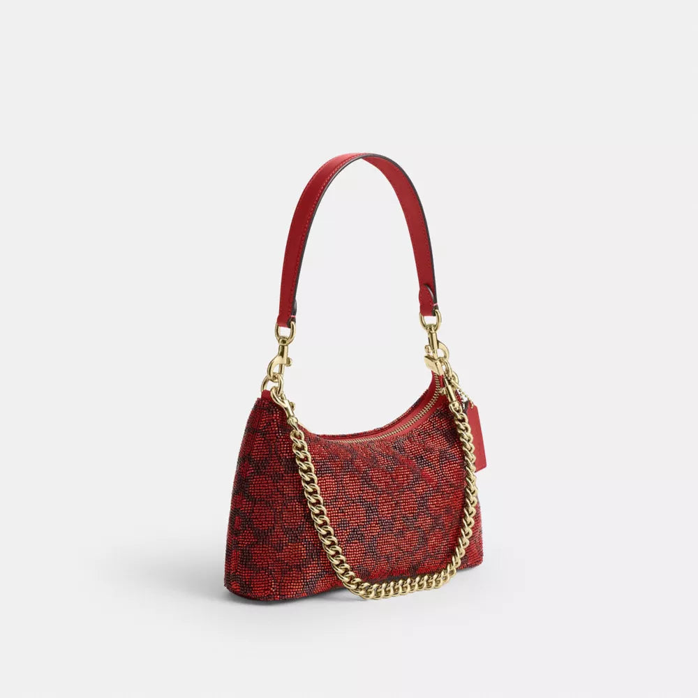 Teri Shoulder Bag In Signature Beaded Satin - Beaded Signature/Gold/Crimson
