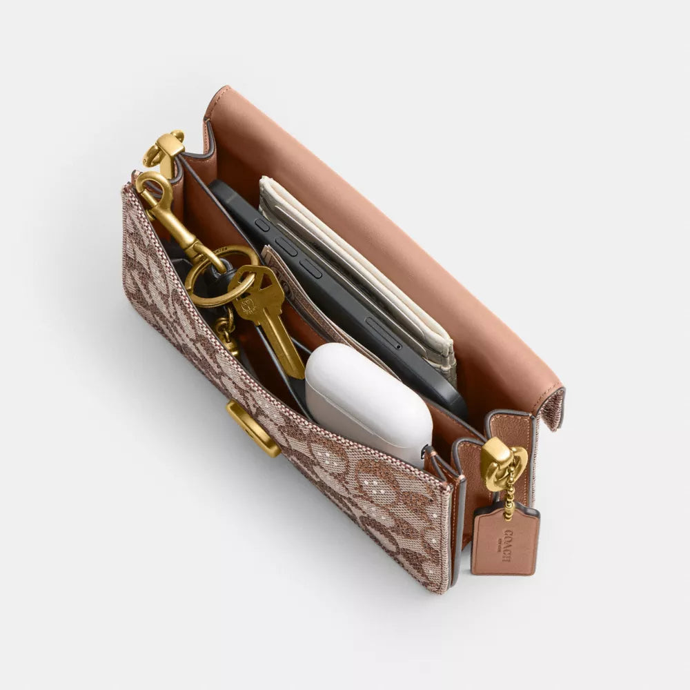 Soft Tabby Shoulder Bag 20 In Crystal Signature Jacquard - Signature Jacquard/Brass/Mushroom