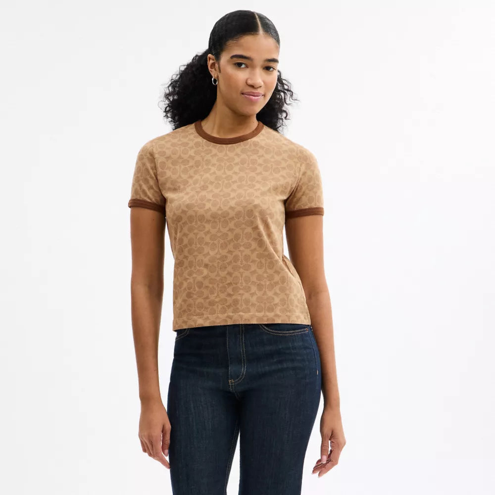 Signature Ringer T-Shirt In Organic Cotton - Tan Signature