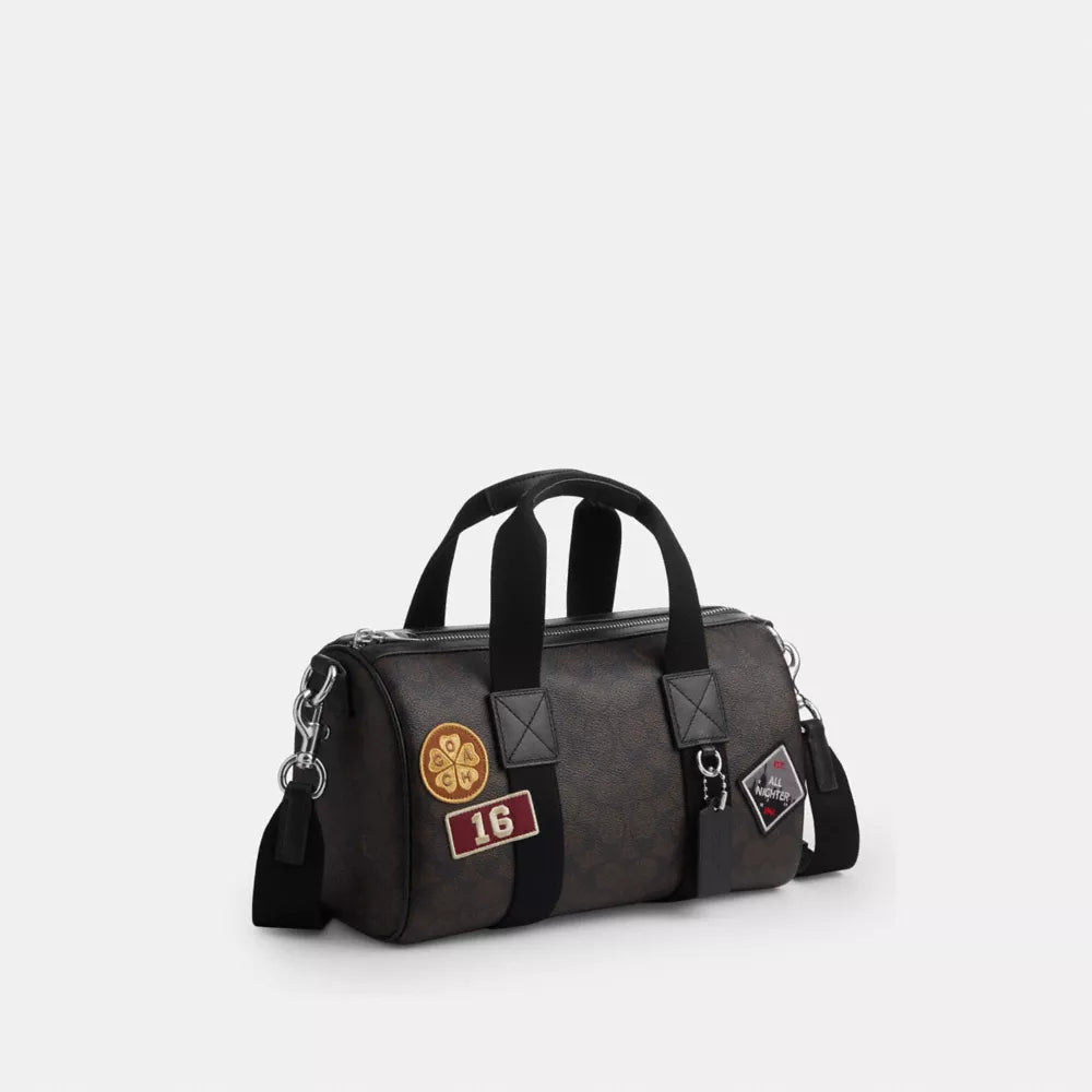 Explorer Duffle Bag 28 In Signature Canvas With Patches - Signature Canvas/Sv/Walnut/Black