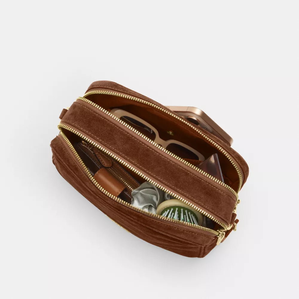 Carey Crossbody Bag - Suede/Gold/Warm Brown