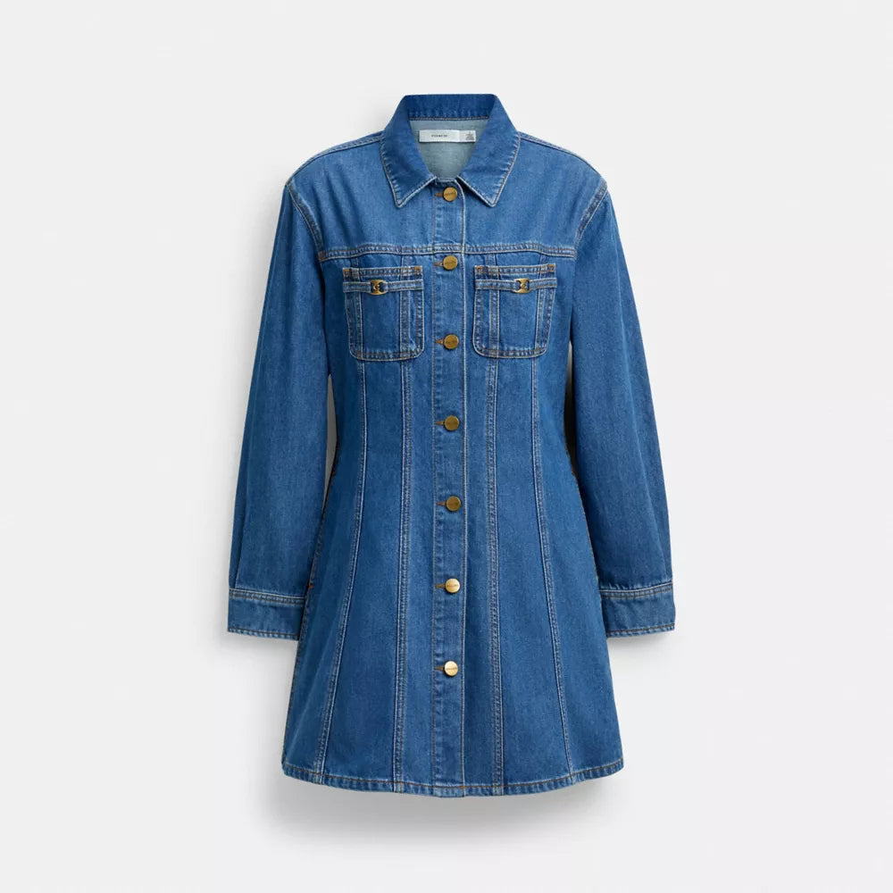 Long Sleeve Denim Dress In Organic Cotton - Medium Blue