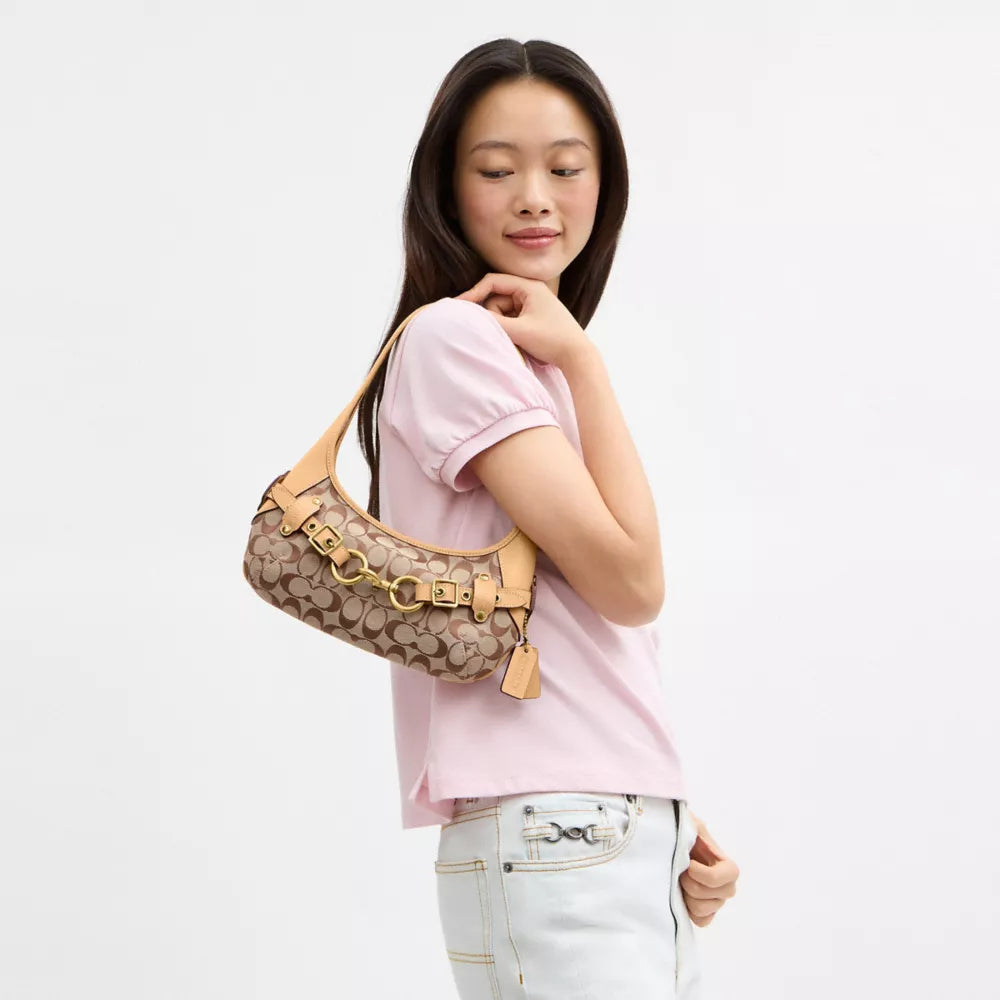 Belted Ergo Shoulder Bag 26 In Signature Jacquard - Jacquard/Brass/Khaki Light Peach