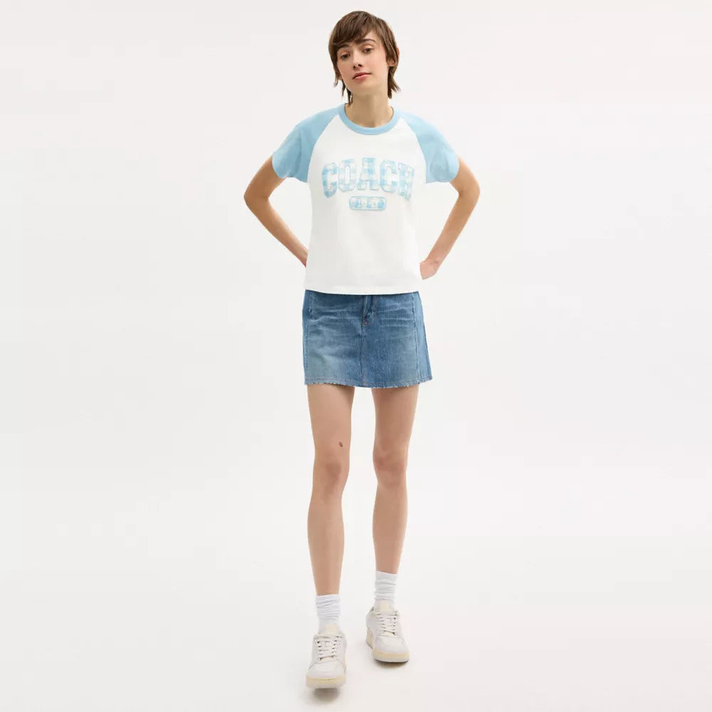 Gingham Sporty Raglan T-Shirt In Organic Cotton - Blue/White