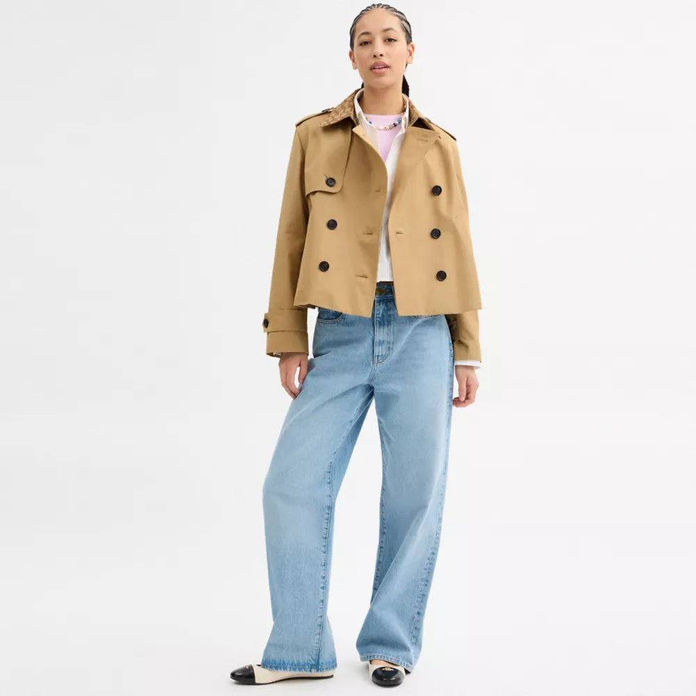 Short Trench Coat With Signature Collar - Khaki