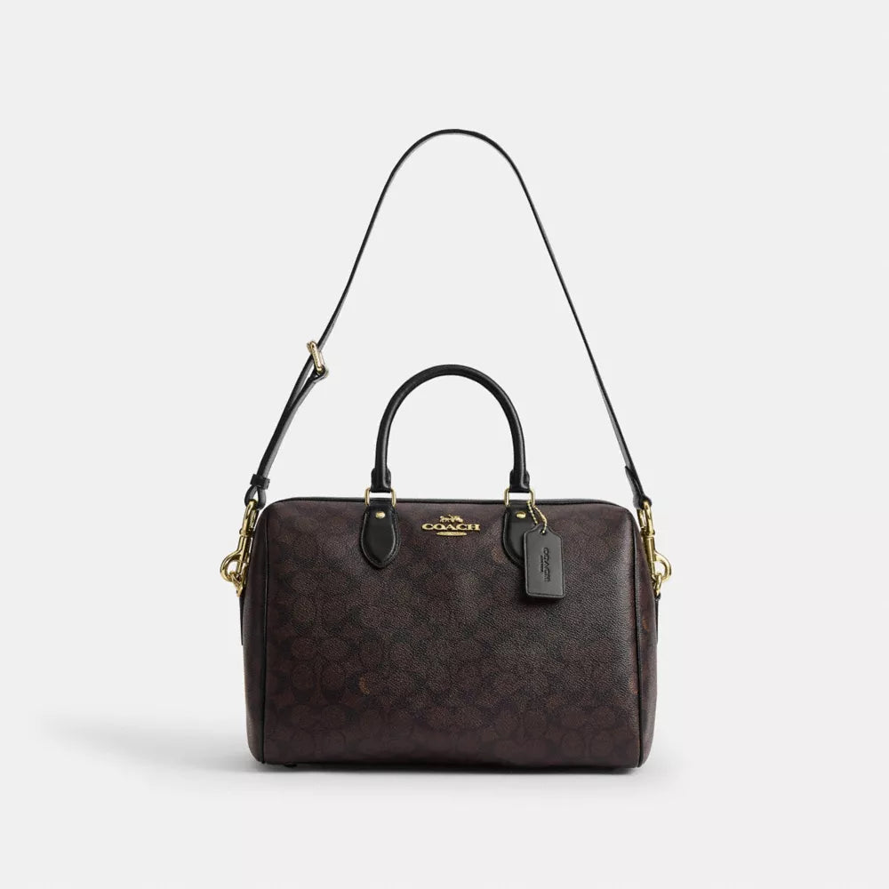 Rowan Large Satchel Bag In Signature Canvas - Signature Canvas/Gold/Walnut/Black