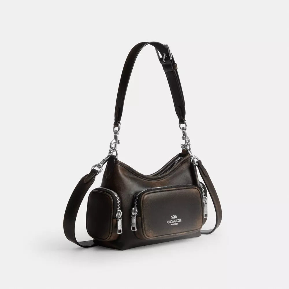 Laurel Shoulder Bag 22 With Pockets In Loved Leather - Silver/Black Brown