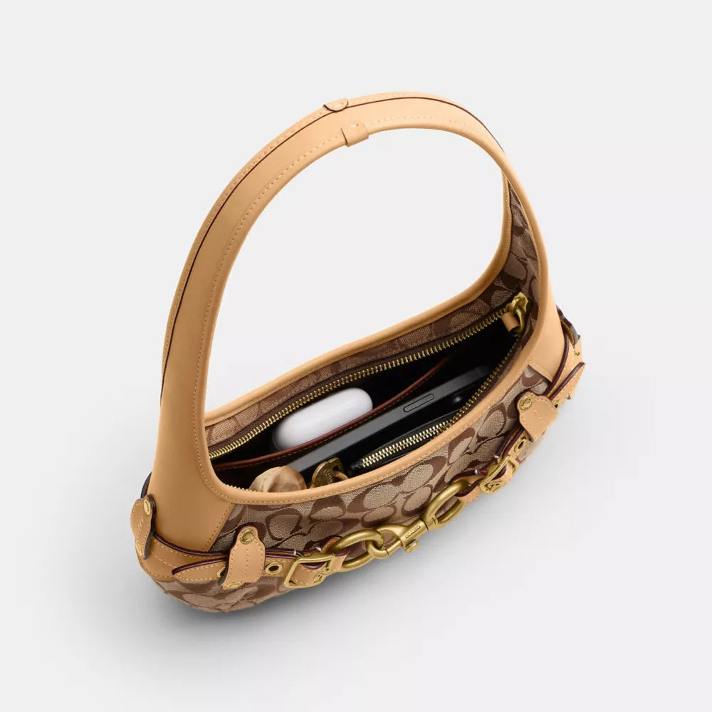 Belted Ergo Shoulder Bag 26 In Signature Jacquard - Jacquard/Brass/Khaki Light Peach