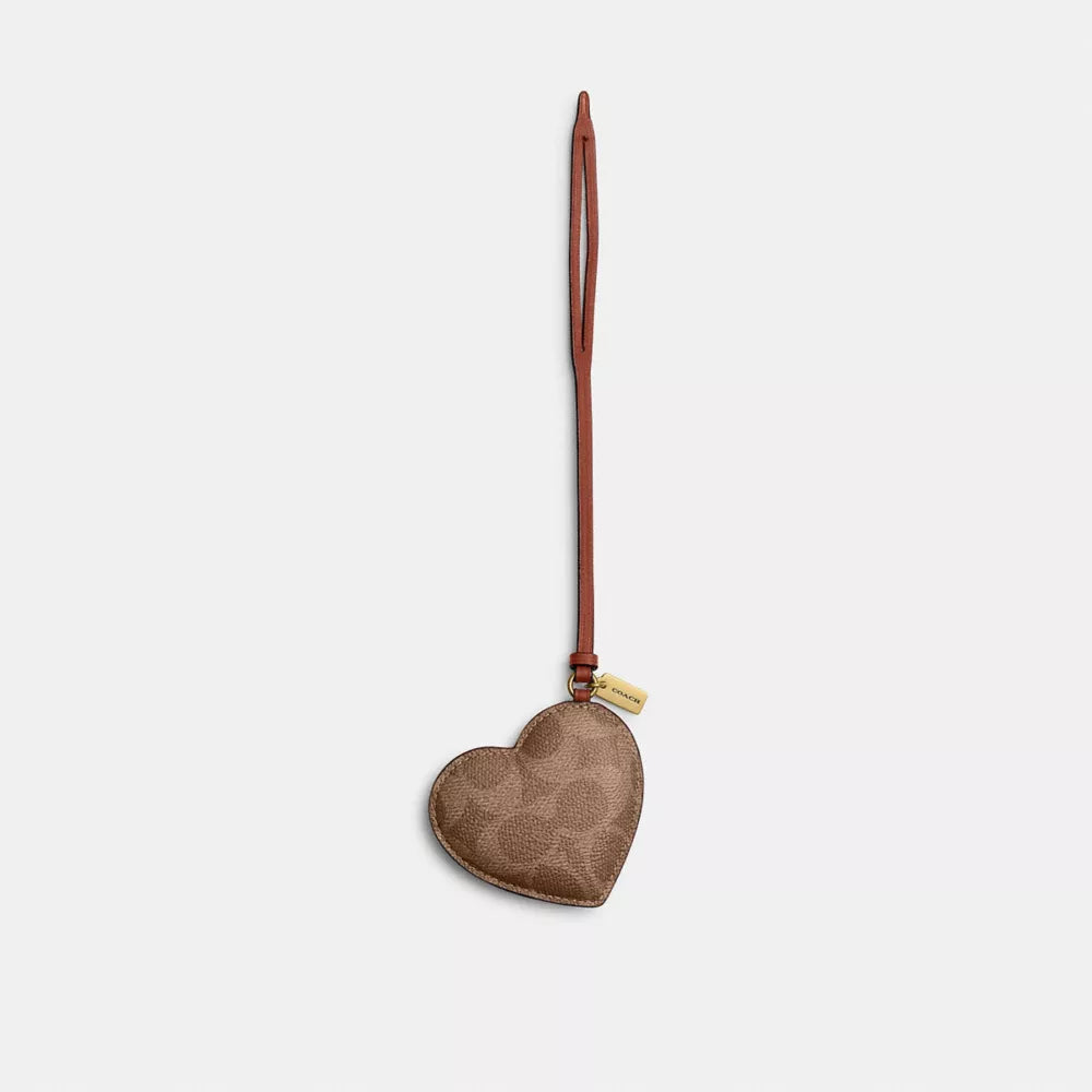 Heart Puffy Bag Charm In Signature Canvas - Brass/Tan Caramel