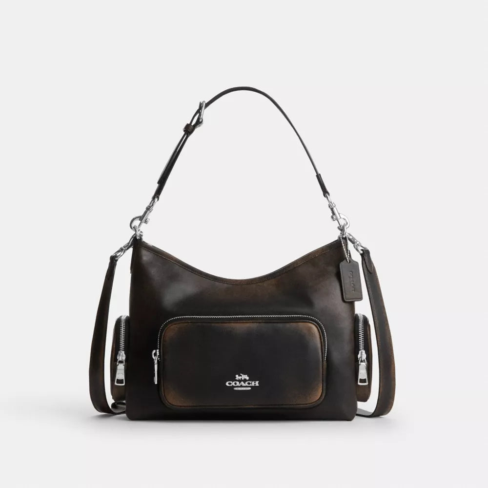 Laurel Shoulder Bag With Pockets In Loved Leather - Silver/Black Brown