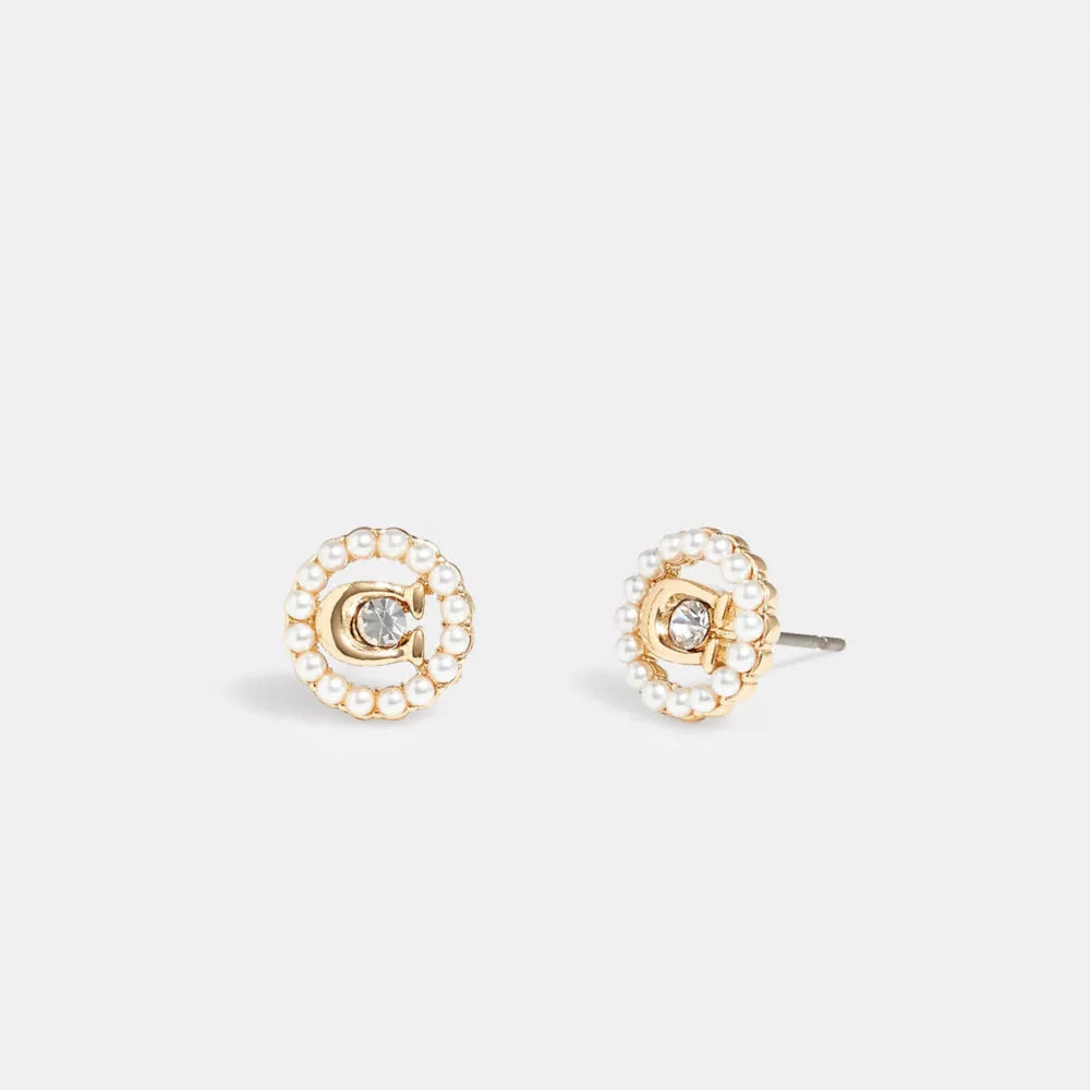 Sculpted C Pearl Stud Earrings - Brass/Gold
