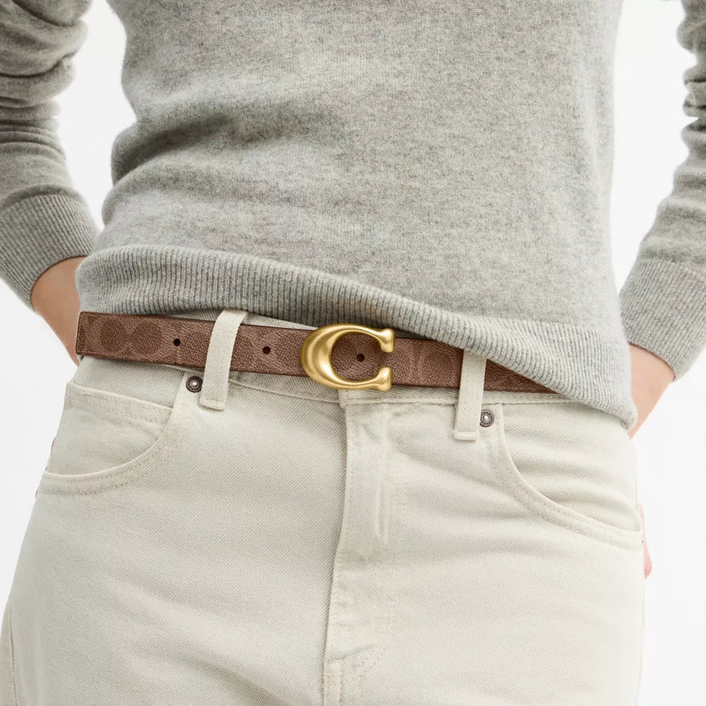 Sculpted C Buckle Reversible Belt, 25MM - Coated Canvas/Brass/Tan Caramel