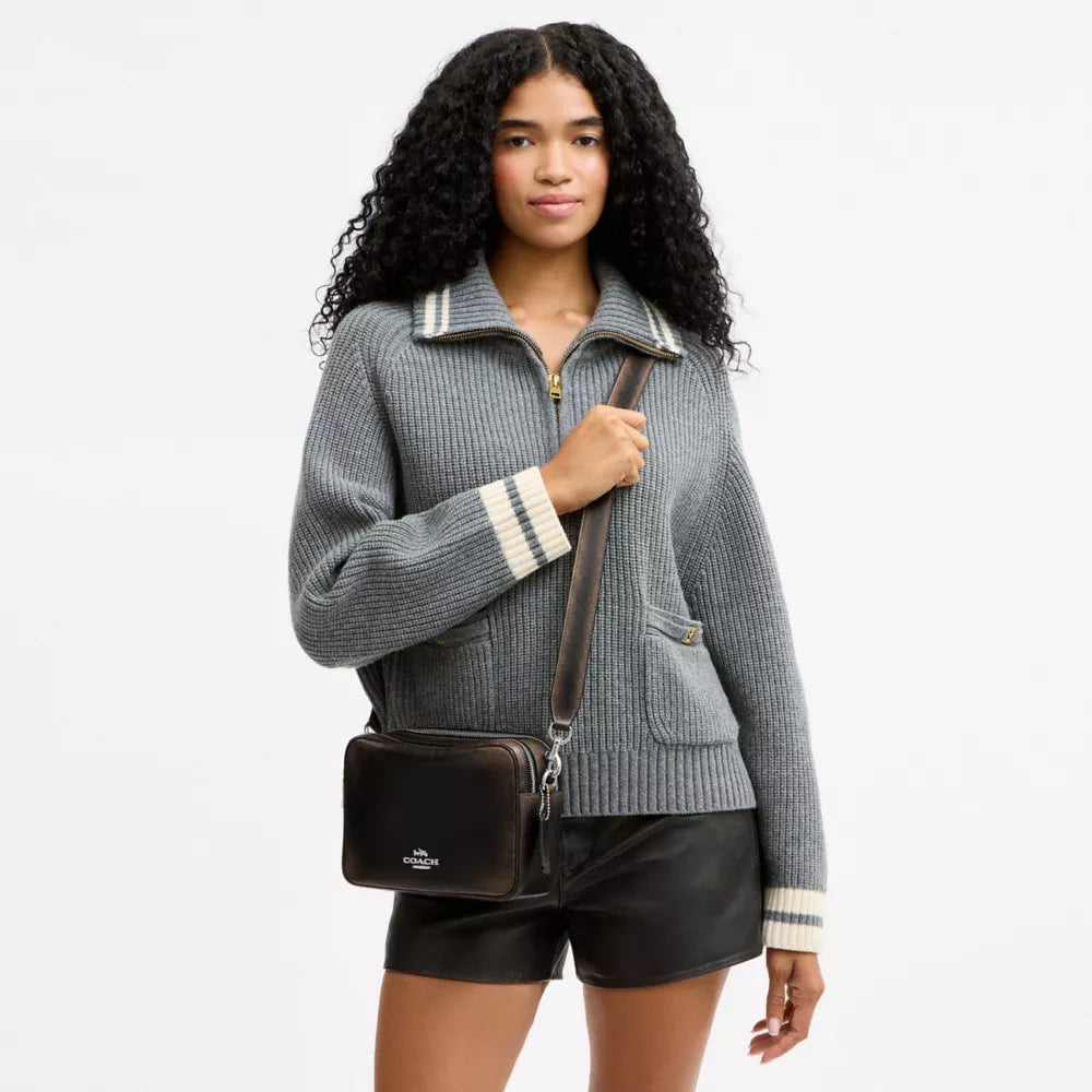 Carey Crossbody Bag In Loved Leather - Silver/Black Brown