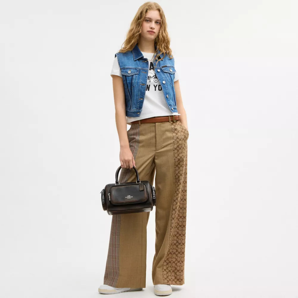 Rowan Satchel Bag With Pockets In Loved Leather - Silver/Black Brown
