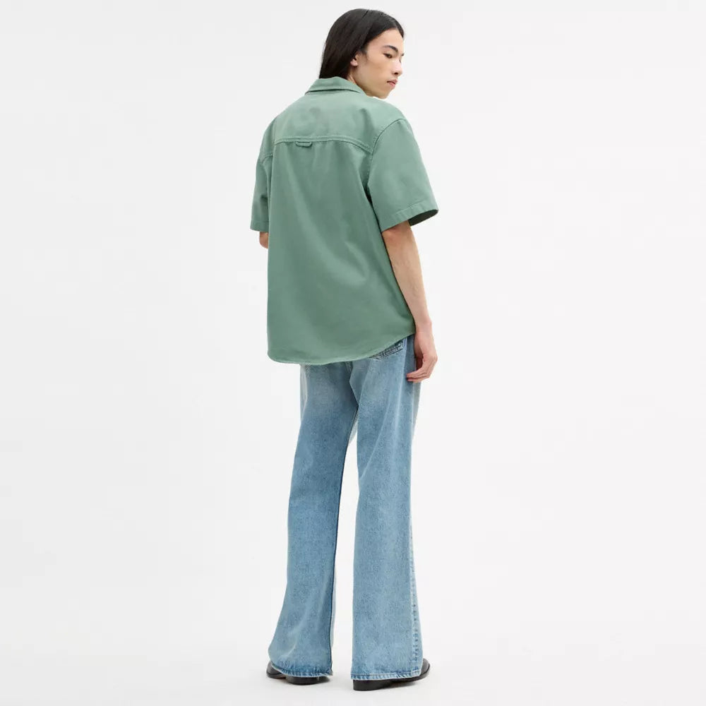 Short Sleeve Relaxed Denim Shirt - Green