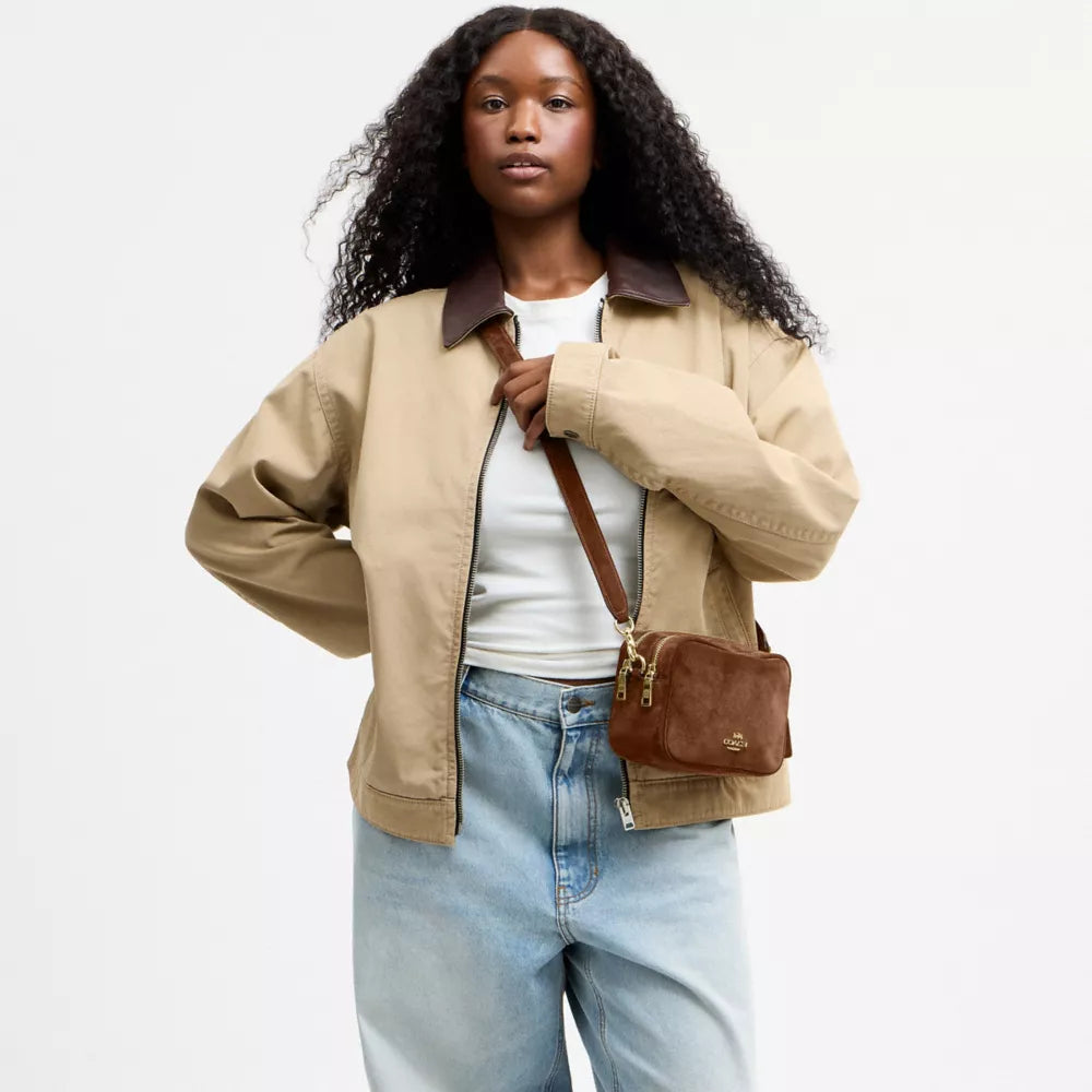 Mini Carey Crossbody Bag - Suede/Gold/Warm Brown