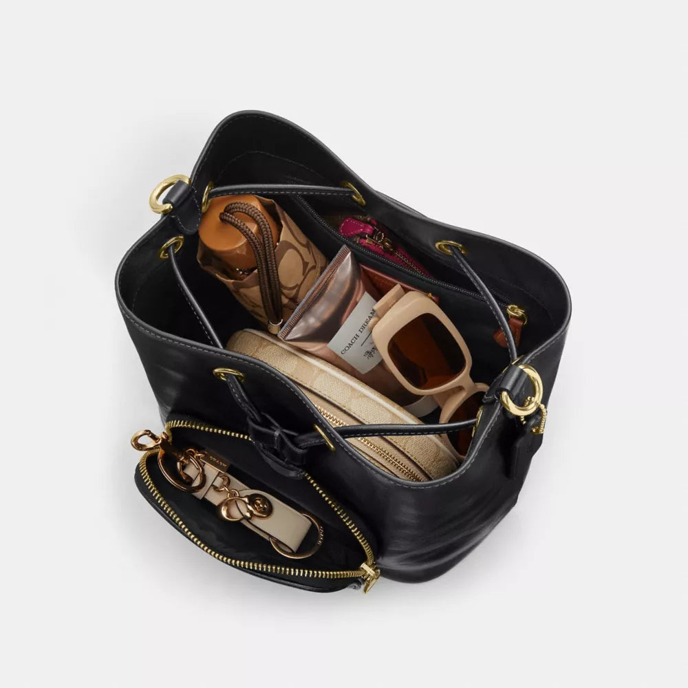 Rowan Bucket Bag With Pocket - Crinkle Leather/Gold/Black