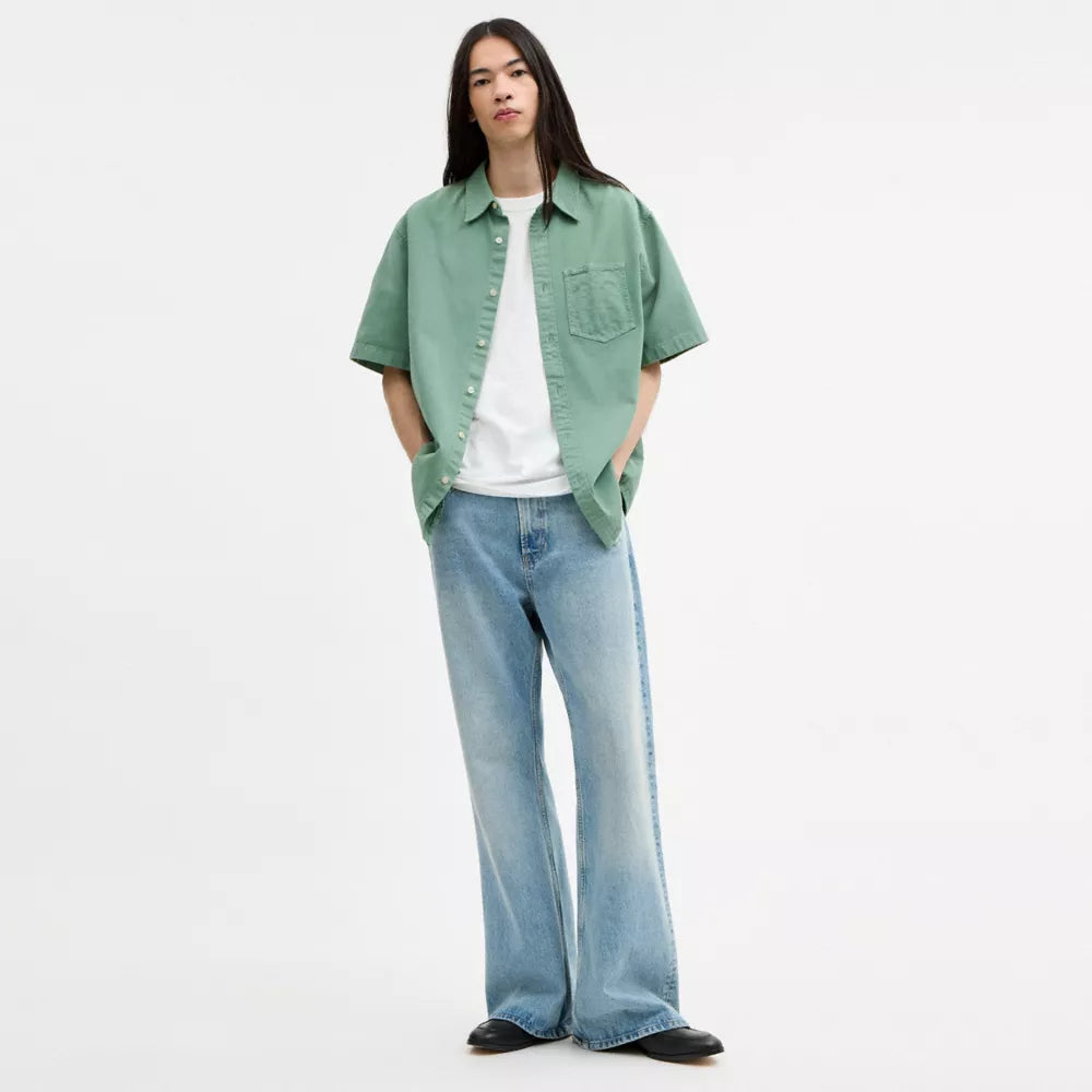 Short Sleeve Relaxed Denim Shirt - Green