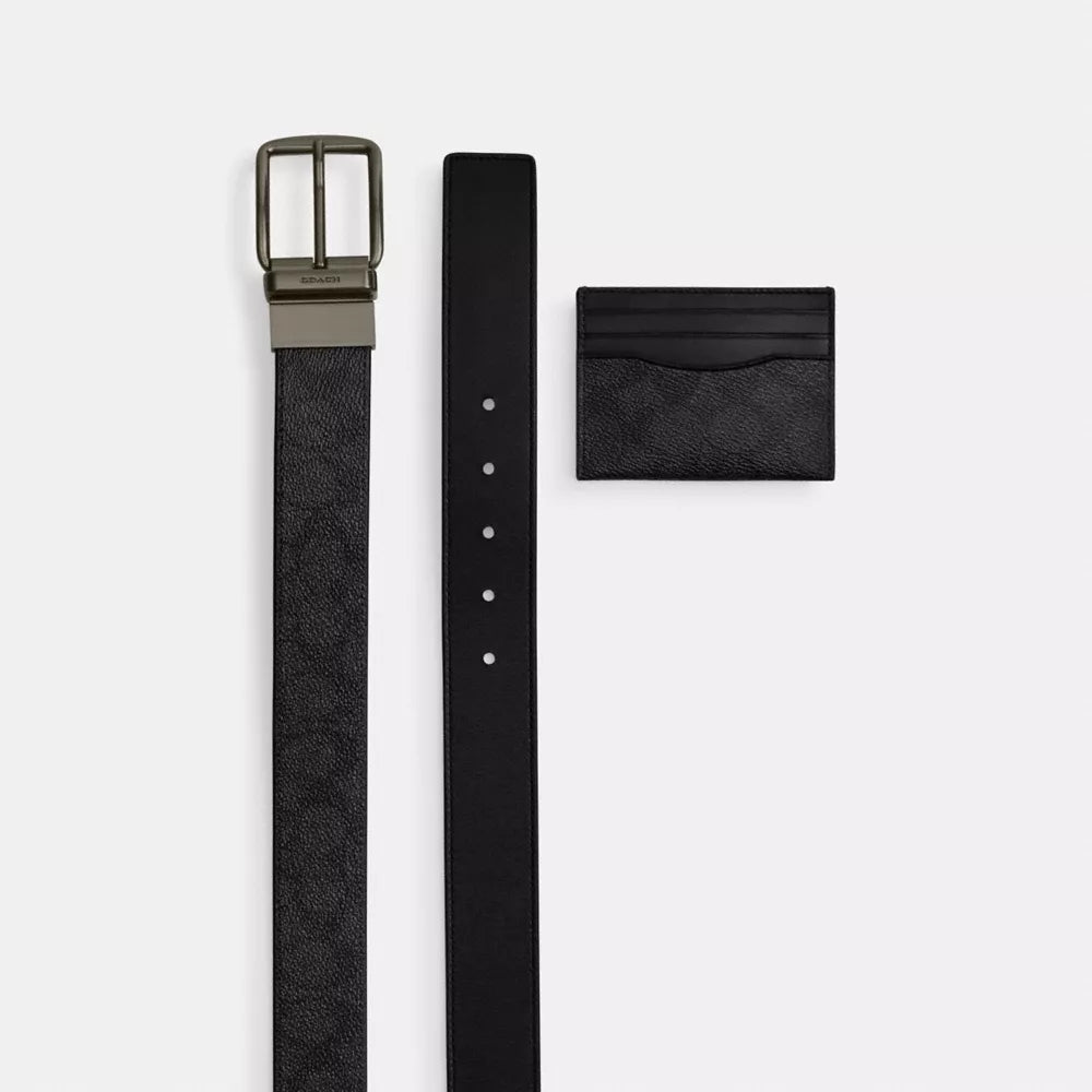 Boxed Card Case And Belt Set In Signature Canvas - Gunmetal/Charcoal/Black