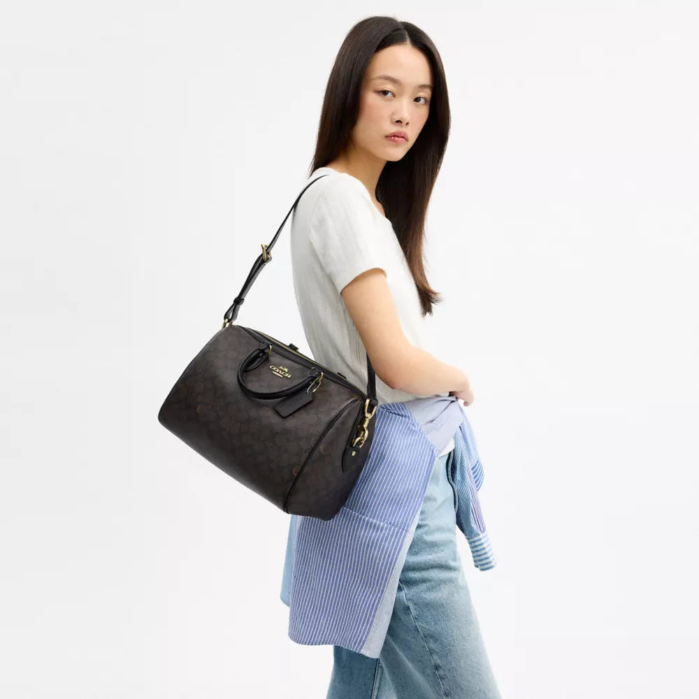 Rowan Large Satchel Bag In Signature Canvas - Signature Canvas/Gold/Walnut/Black