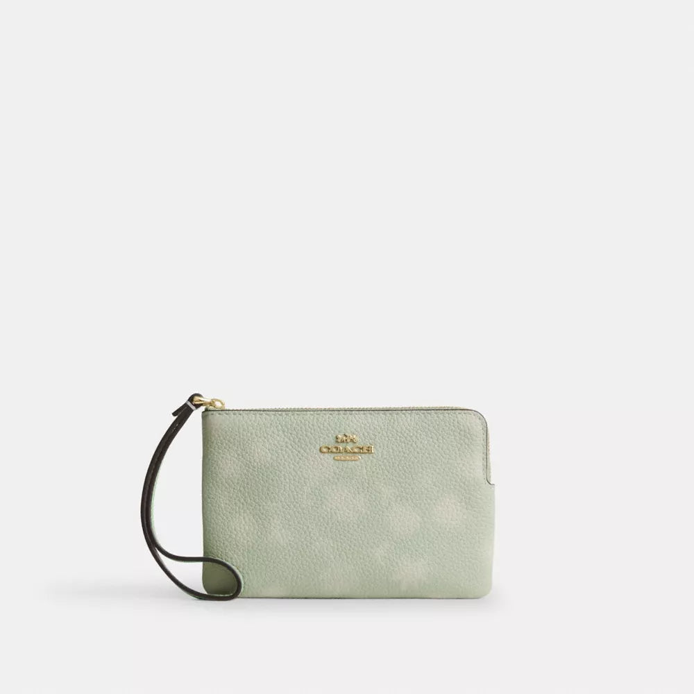 Corner Zip Wristlet With Floral Print - Gold/Pale Green