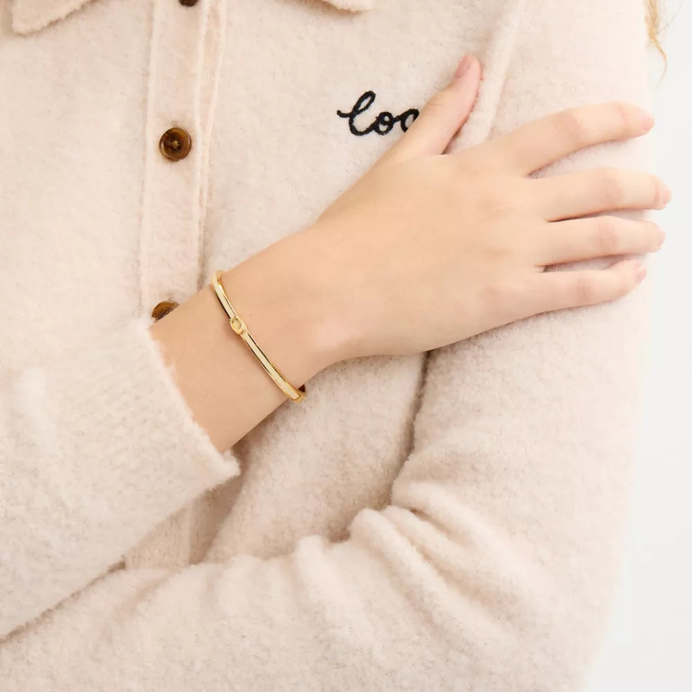 Thin Enamel Signature Hinged Bangle - Gold/Chalk