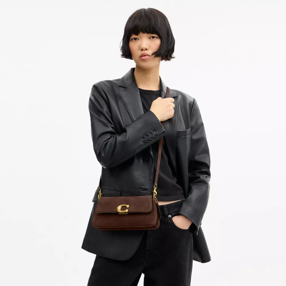 Jet Shoulder Bag - Suede/Brass/Dark Chocolate