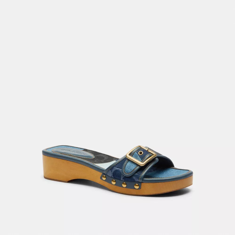 Margot Wooden Sandal With Signature Denim Patchwork - Denim Multi