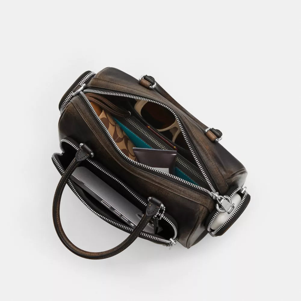 Rowan Satchel Bag With Pockets In Loved Leather - Silver/Black Brown