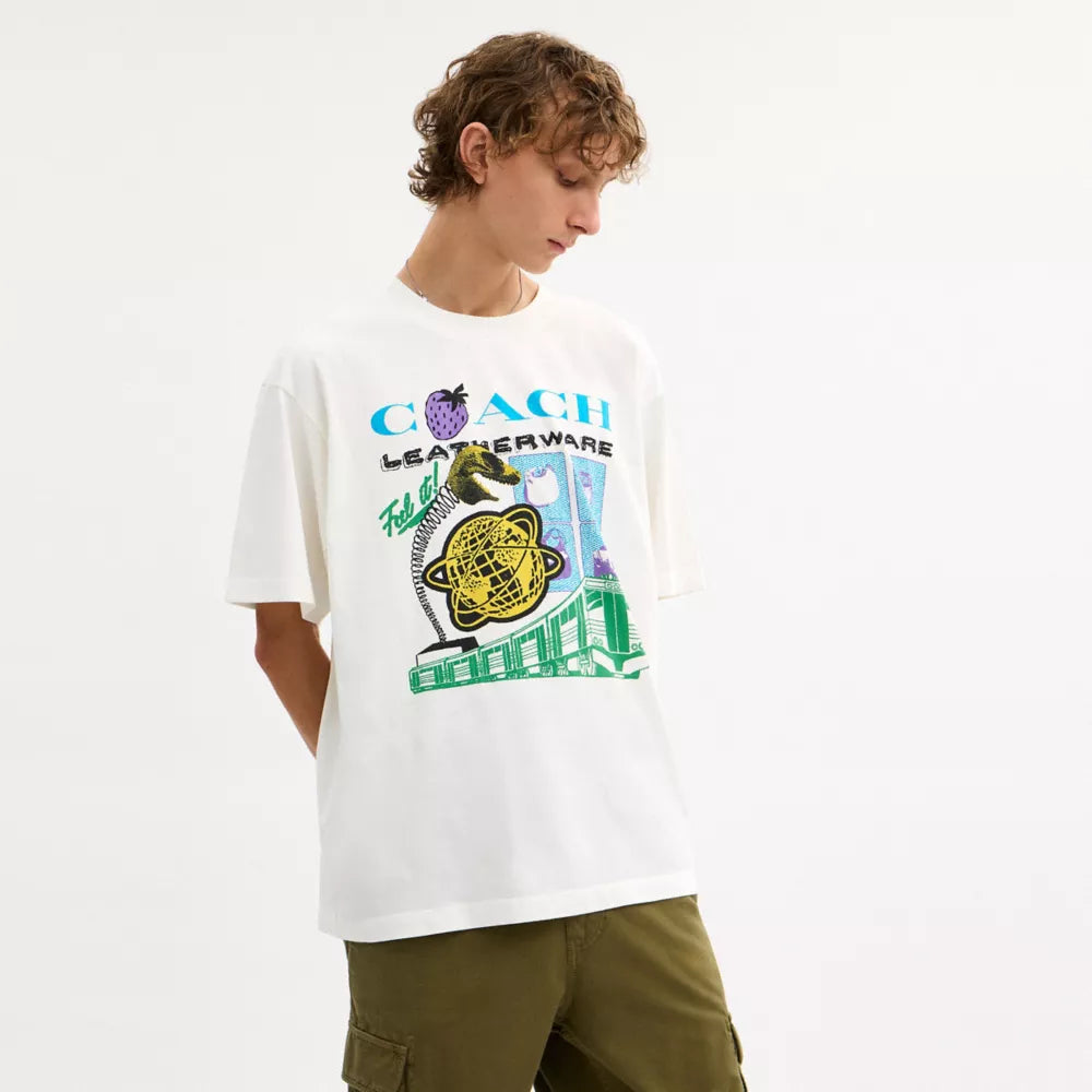 Collage Train Relaxed T-Shirt In Organic Cotton - Vintage Ivory