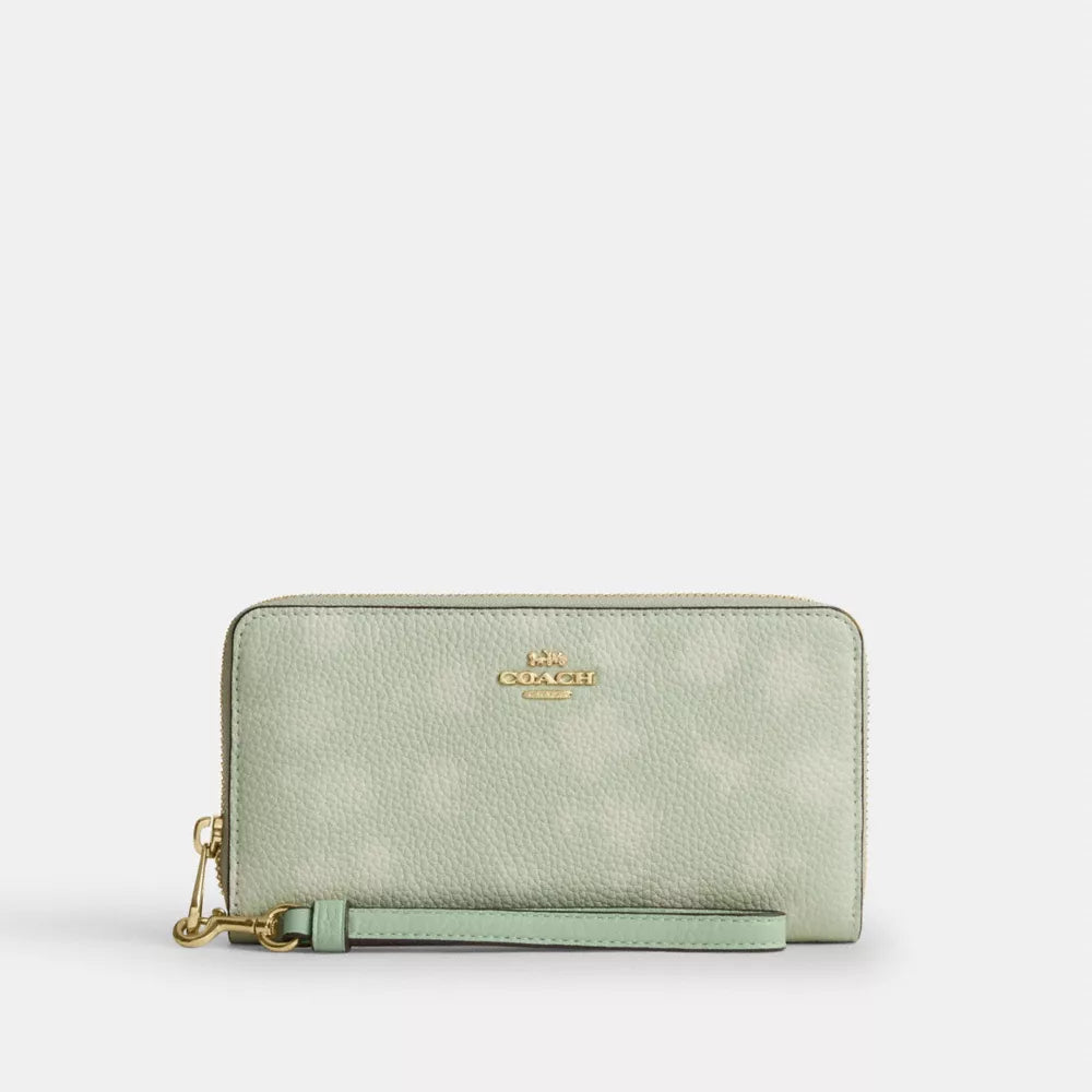 Long Zip Around Wallet With Floral Print - Pebbled Leather/Gold/Pale Green
