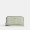 Long Zip Around Wallet With Floral Print - Pebbled Leather/Gold/Pale Green