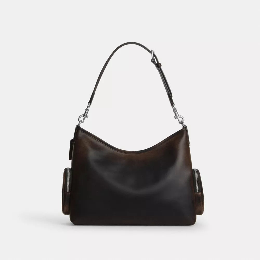 Laurel Shoulder Bag With Pockets In Loved Leather - Silver/Black Brown