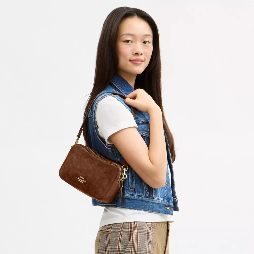 Mini Carey Crossbody Bag - Suede/Gold/Warm Brown