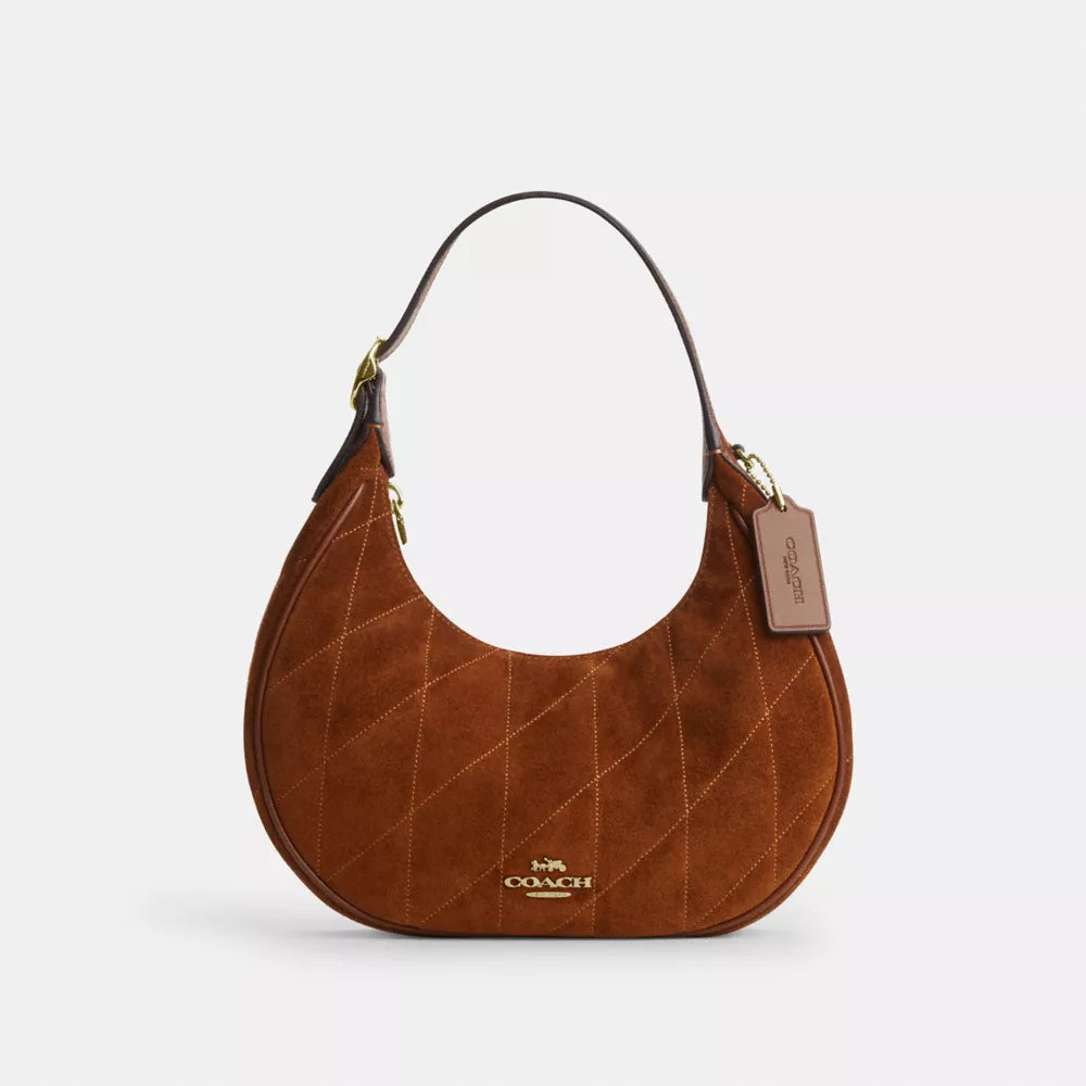 Emily Shoulder Bag With Quilting - Suede/Gold/Warm Brown