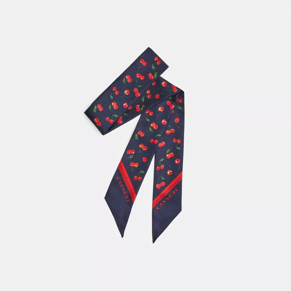 Cherry Mix Print Silk Skinny Scarf - Navy Multi