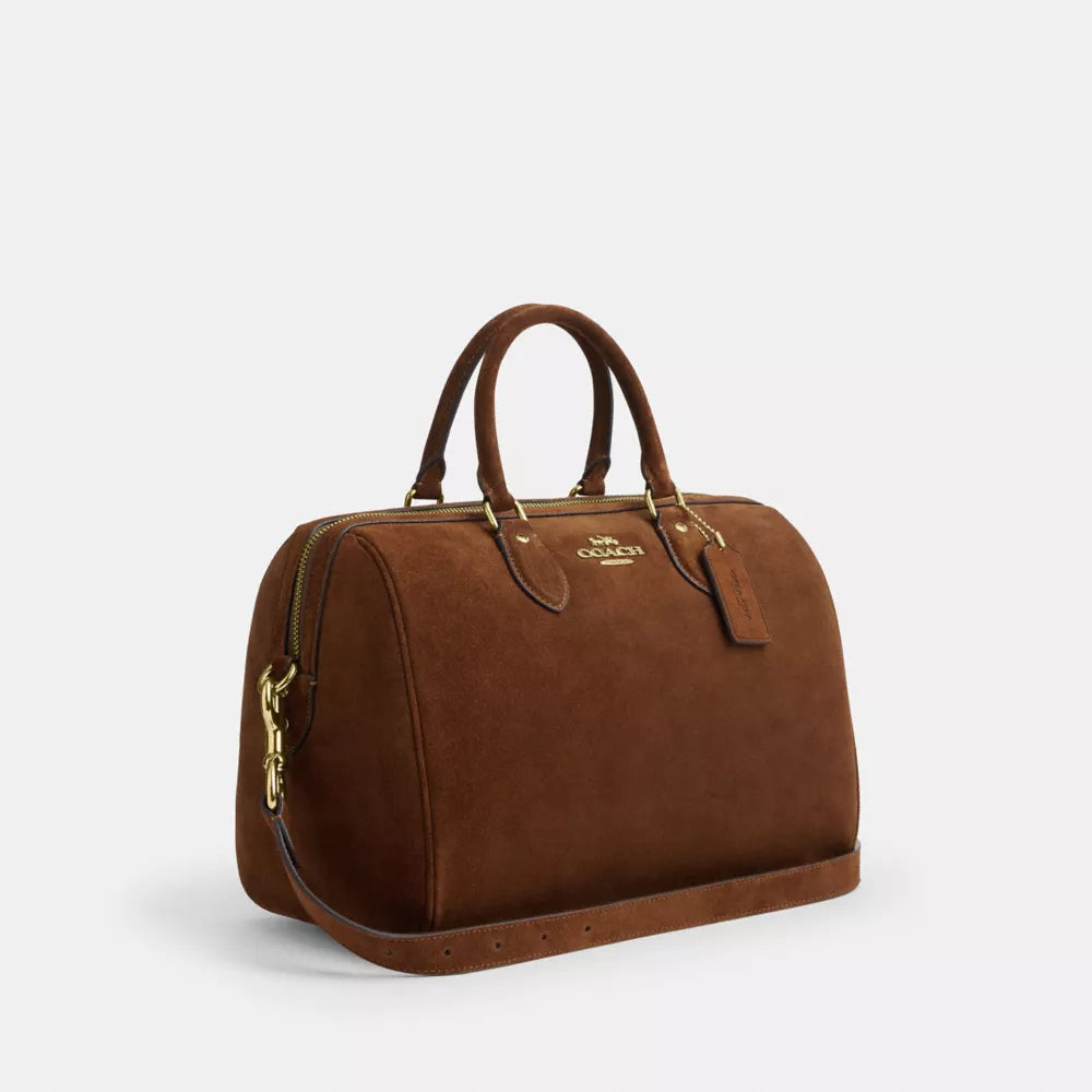 Rowan Large Satchel Bag - Suede/Gold/Warm Brown