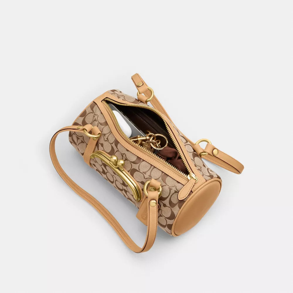 Kisslock Barrel Bag 28 In Signature Jacquard - Brass/Khaki Light Peach